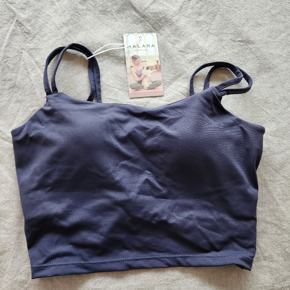 NWT HALARA In My Feels Double Strap Twisted Back Crop Top Sports Bra - Blue